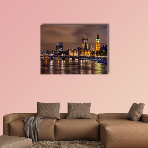 Big Ben and Westminster Bridge at night, London, UK multi panel canvas wall art