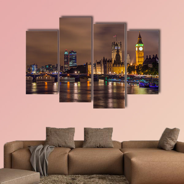 Big Ben and Westminster Bridge at night, London, UK multi panel canvas wall art