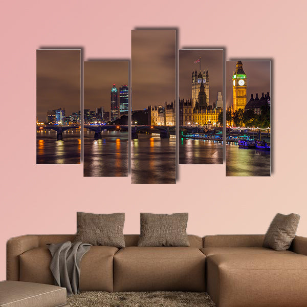Big Ben and Westminster Bridge at night, London, UK multi panel canvas wall art