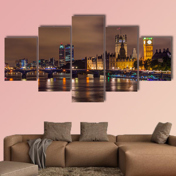 Big Ben and Westminster Bridge at night, London, UK multi panel canvas wall art