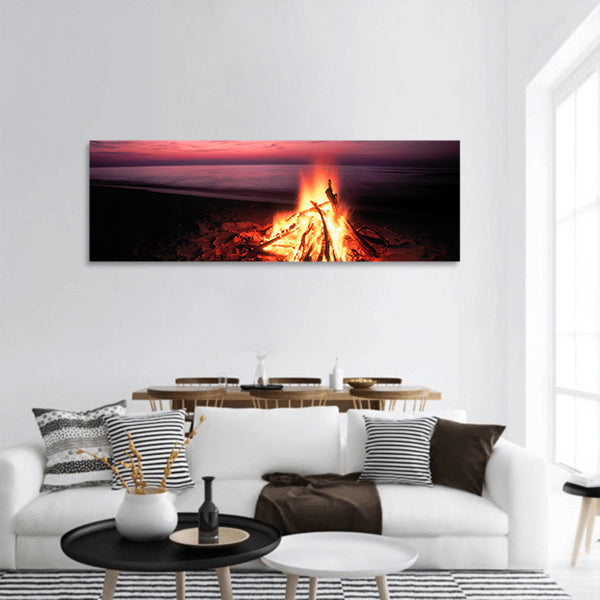 Beach Campfire on Lake Superior panoramic canvas wall art