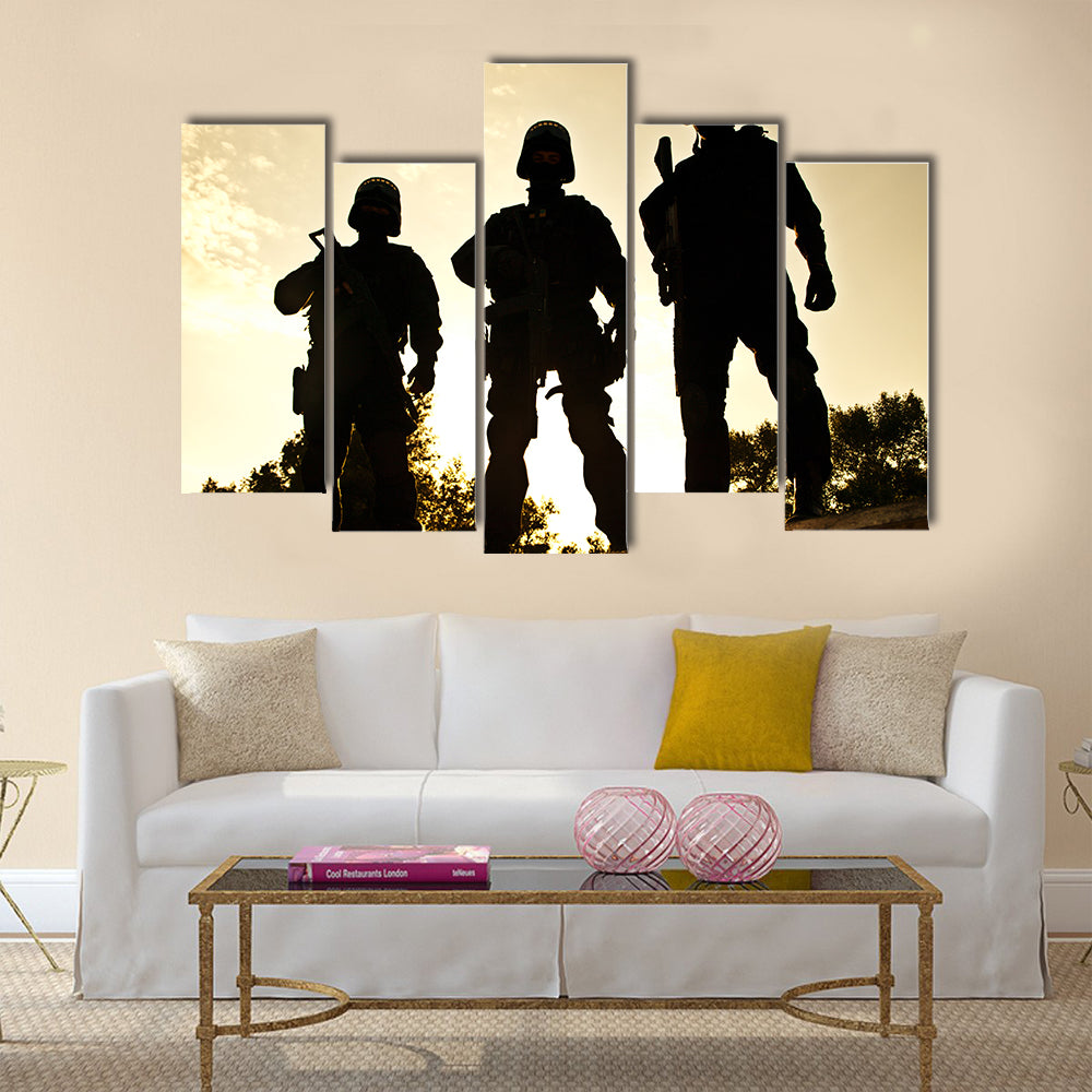 Silhouettes of SWAT officers holding their guns Multi Panel Canvas Wall Art