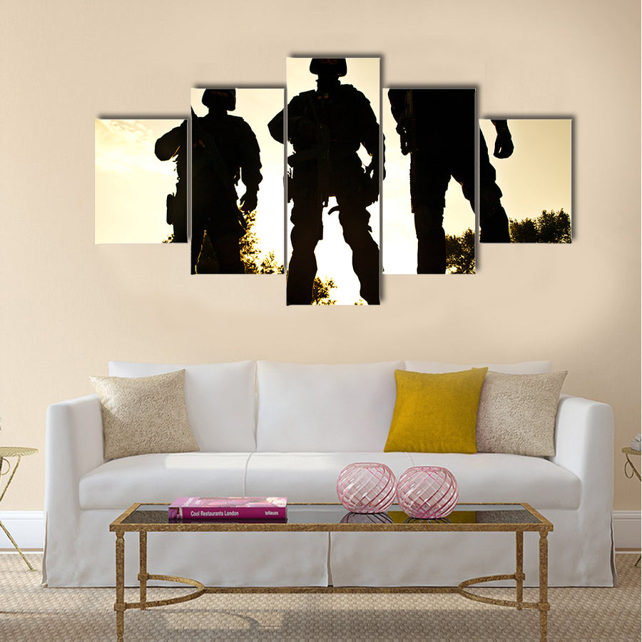 Silhouettes of SWAT officers holding their guns Multi Panel Canvas Wall Art