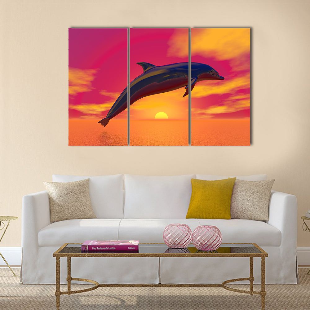 Dolphin jumping upon the ocean by beautiful red sunset Multi Panel Canvas Wall Art