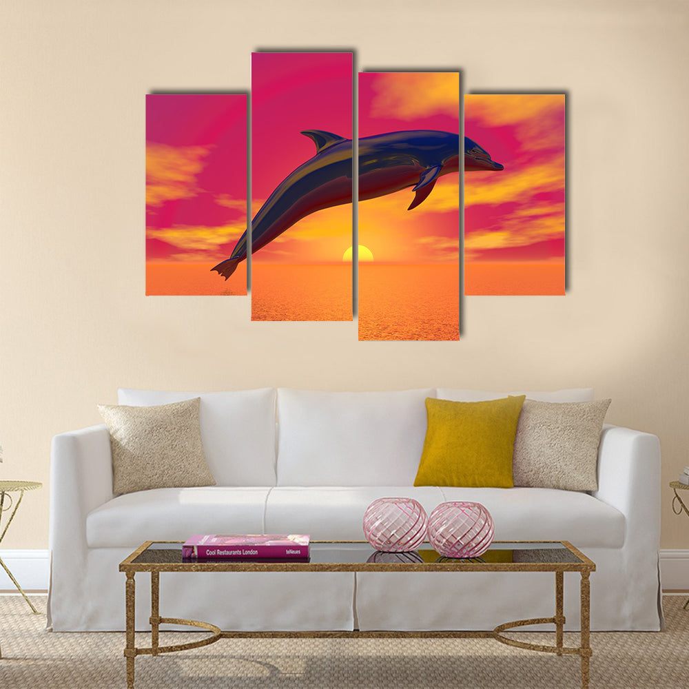 Dolphin jumping upon the ocean by beautiful red sunset Multi Panel Canvas Wall Art