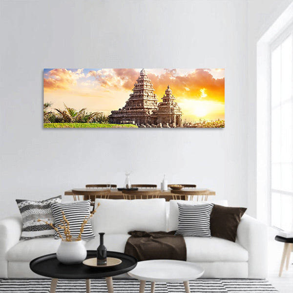Shore temple at sunset sky in Mamallapuram, Tamil Nadu, panoramic canvas wall art