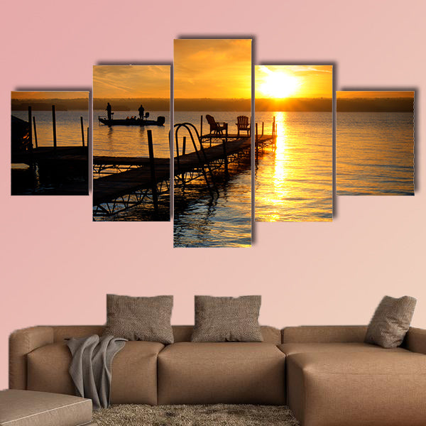 A beautiful autumn sunrise on the pebbled shores of Lake Cayuga multi panel canvas wall art