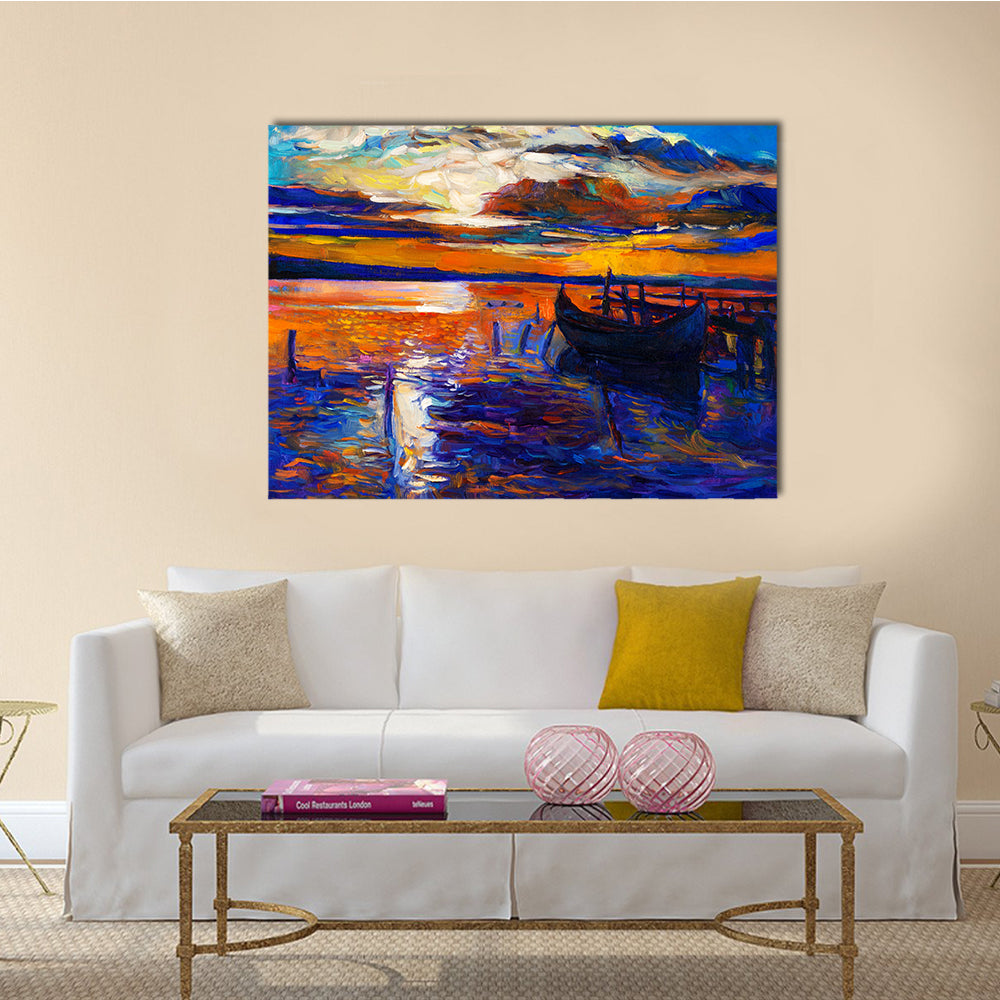 The Modern Impressionism, An Original Oil Painting Of Boats And Jetty With Sunset Multi Panel Canvas Wall Art