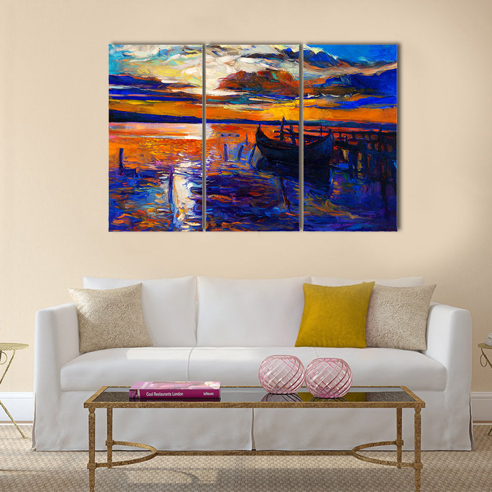 The Modern Impressionism, An Original Oil Painting Of Boats And Jetty With Sunset Multi Panel Canvas Wall Art