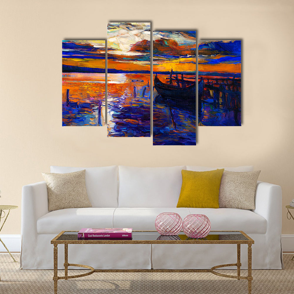 The Modern Impressionism, An Original Oil Painting Of Boats And Jetty With Sunset Multi Panel Canvas Wall Art