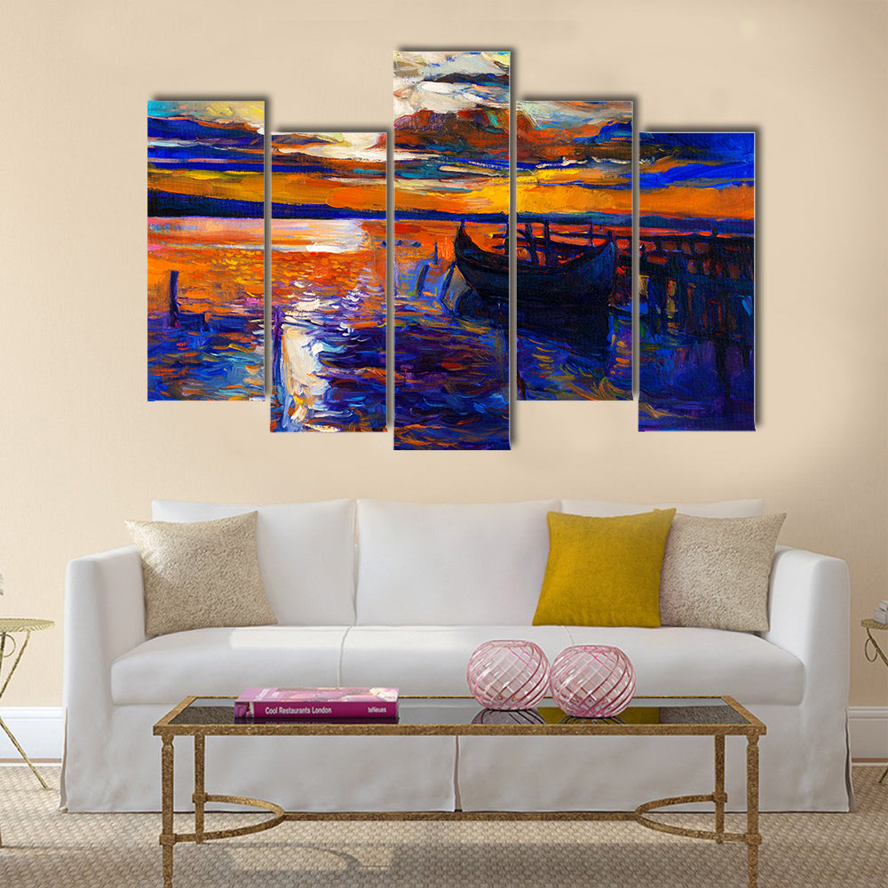 The Modern Impressionism, An Original Oil Painting Of Boats And Jetty With Sunset Multi Panel Canvas Wall Art