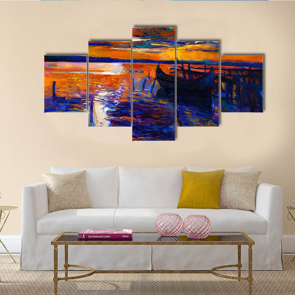 The Modern Impressionism, An Original Oil Painting Of Boats And Jetty With Sunset Multi Panel Canvas Wall Art