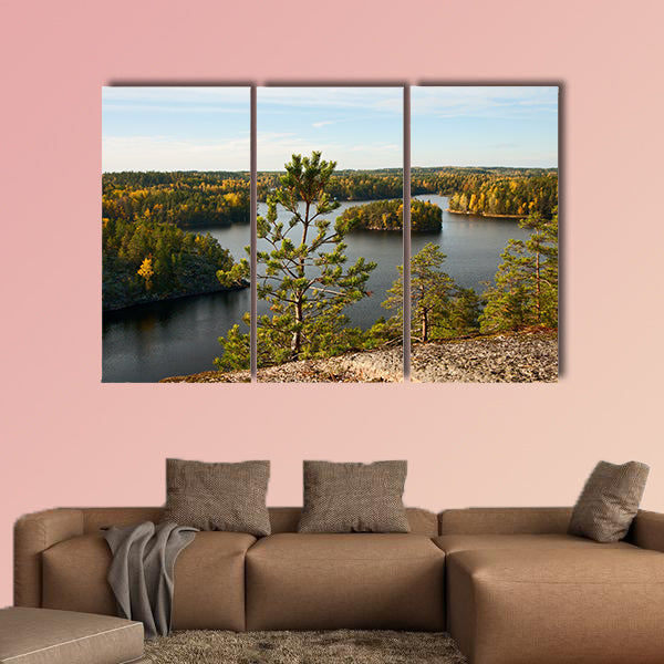 Pine-tree on a background of autumn lake landscape multi panel canvas wall art