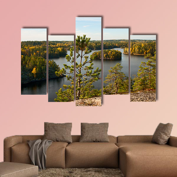 Pine-tree on a background of autumn lake landscape multi panel canvas wall art