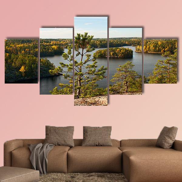 Pine-tree on a background of autumn lake landscape multi panel canvas wall art