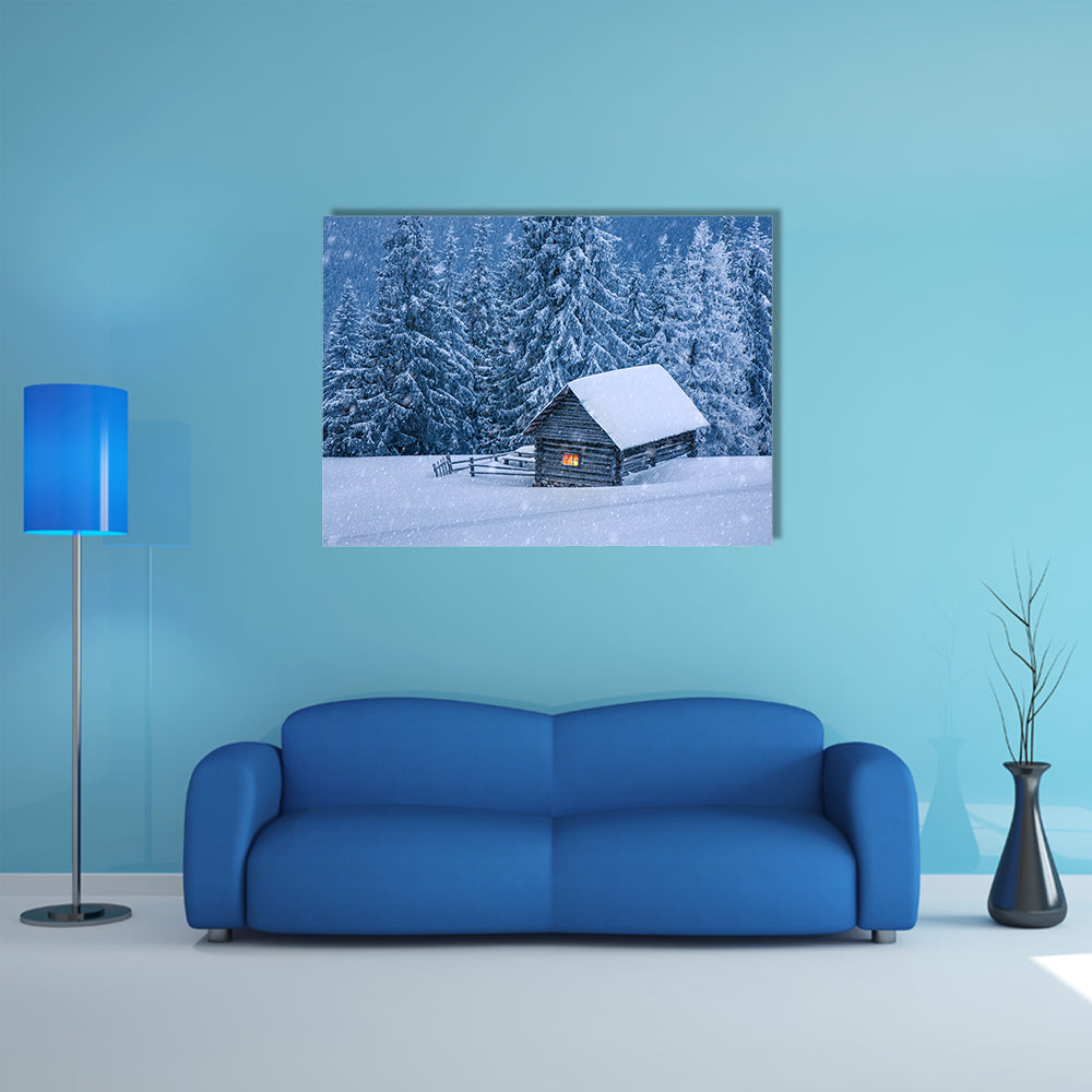 A Wooden House In Winter Forest Multi Panel Canvas Wall Art