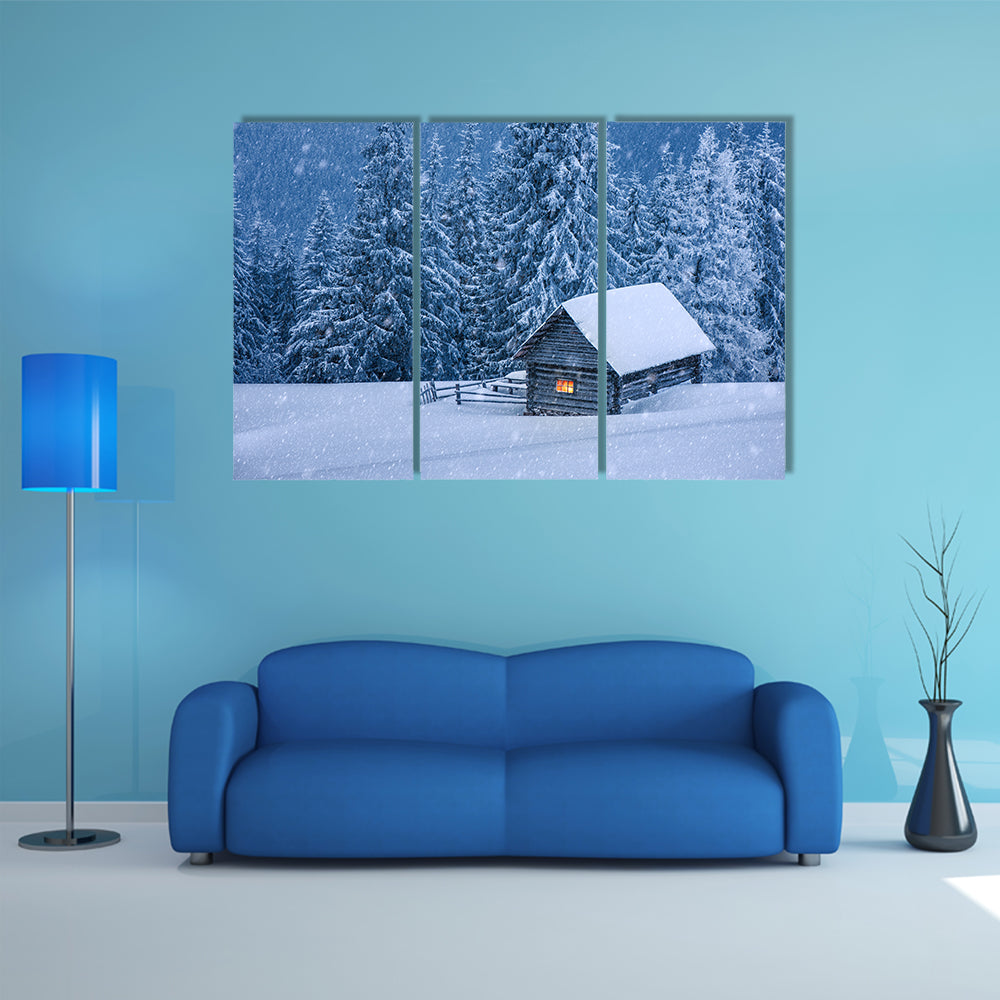 A Wooden House In Winter Forest Multi Panel Canvas Wall Art