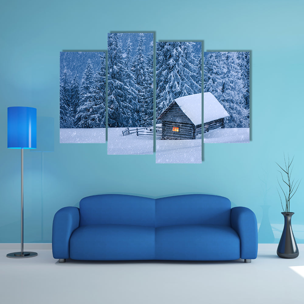A Wooden House In Winter Forest Multi Panel Canvas Wall Art
