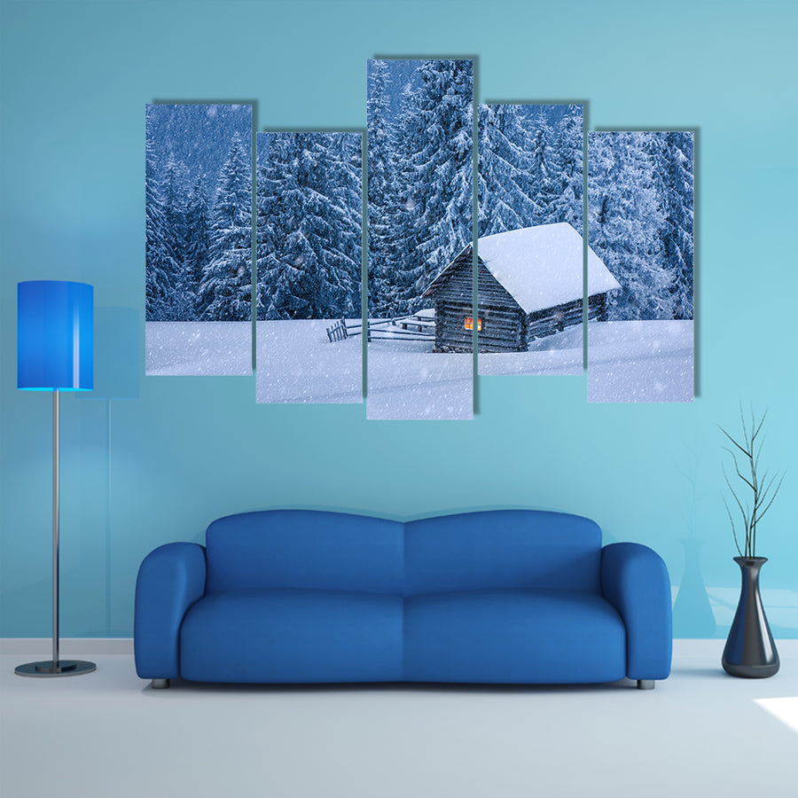 A Wooden House In Winter Forest Multi Panel Canvas Wall Art
