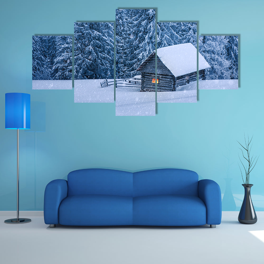 A Wooden House In Winter Forest Multi Panel Canvas Wall Art