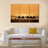 Tourists ride camels train on the sea at sunset, Morocco Multi panel canvas wall art