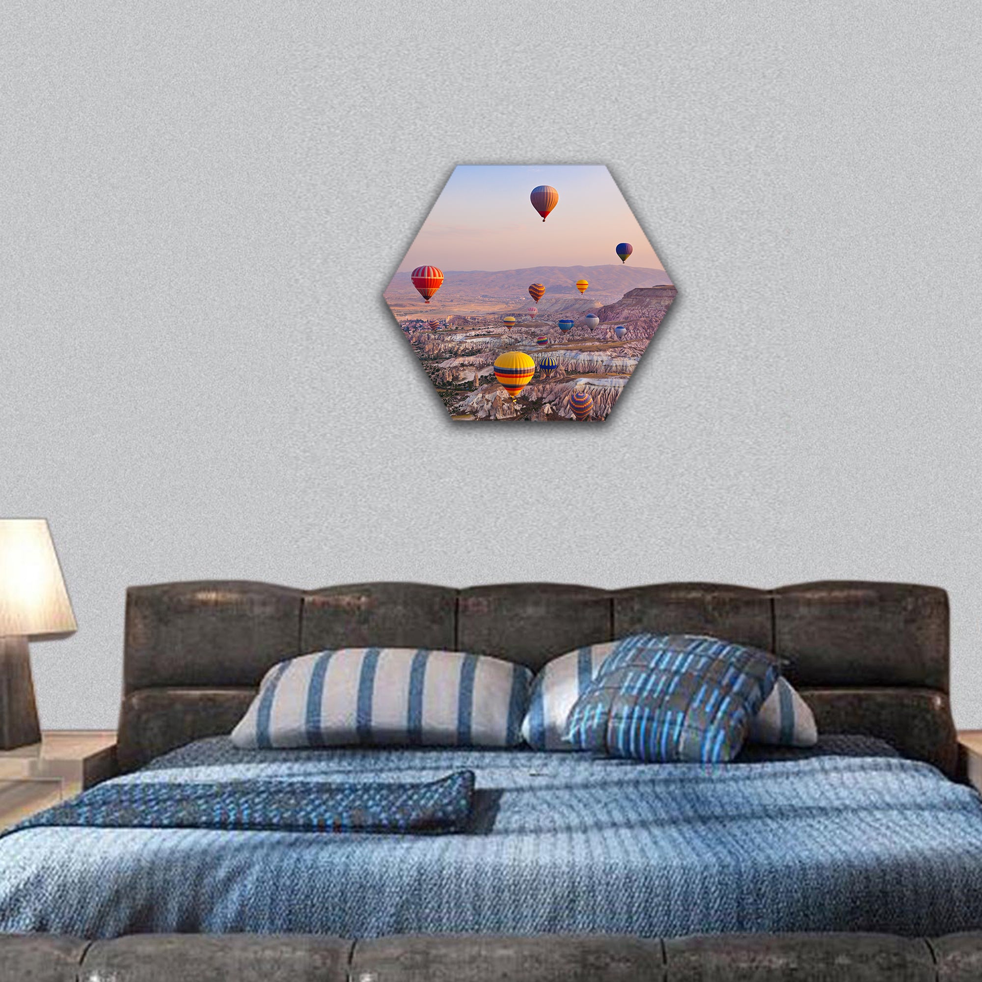 Air balloon flying over rock landscape at Cappadocia Turkey hexagonal canvas wall art