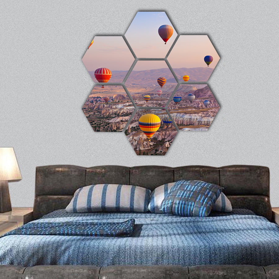 Air balloon flying over rock landscape at Cappadocia Turkey hexagonal canvas wall art