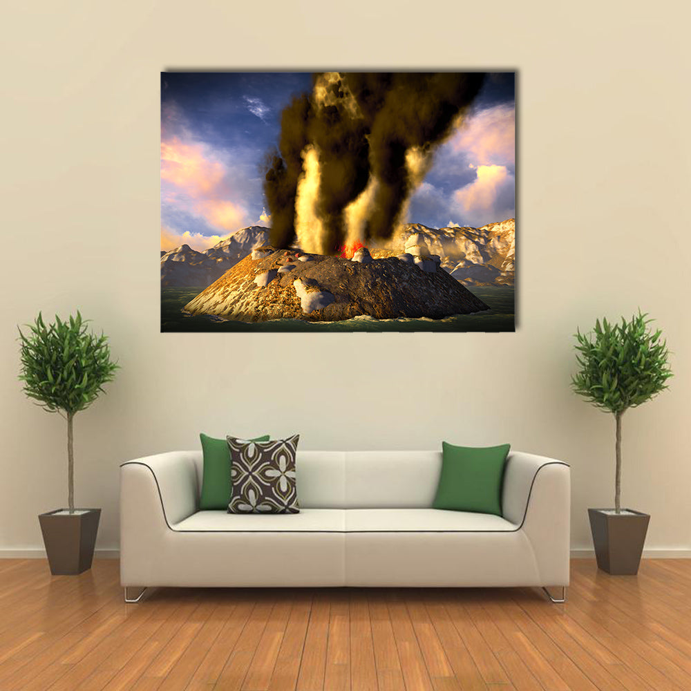 Most Beautiful View of Anak Krakatau erupting - fantasy illustration multi panel canvas wall art