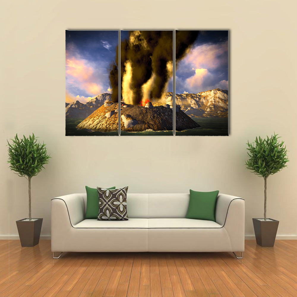 Most Beautiful View of Anak Krakatau erupting - fantasy illustration multi panel canvas wall art