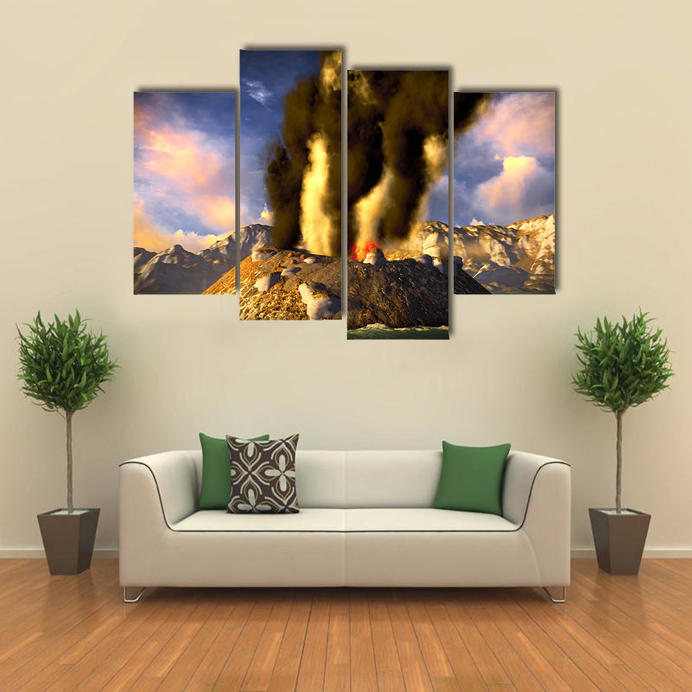 Most Beautiful View of Anak Krakatau erupting - fantasy illustration multi panel canvas wall art