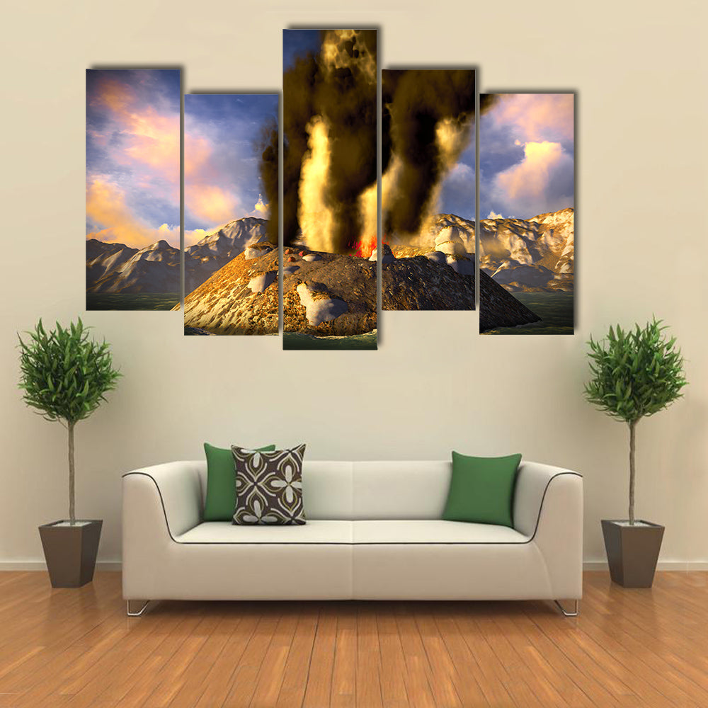 Most Beautiful View of Anak Krakatau erupting - fantasy illustration multi panel canvas wall art