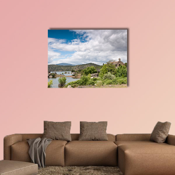 Small chapel next to reservoir in Valley Natural Park, Avila, Spain, Multi Panel Canvas Wall Art