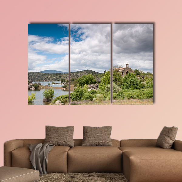 Small chapel next to reservoir in Valley Natural Park, Avila, Spain, Multi Panel Canvas Wall Art