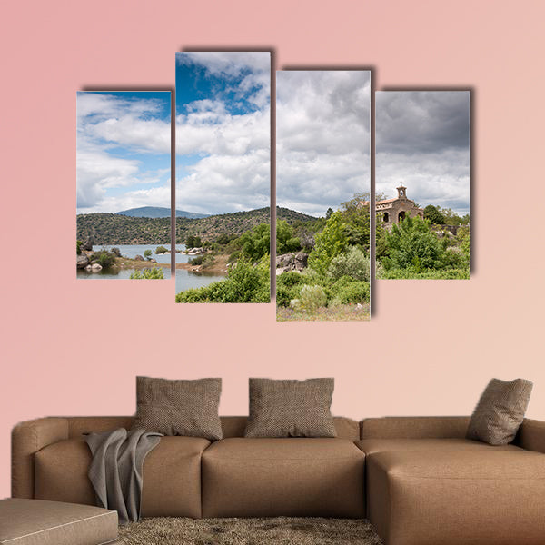 Small chapel next to reservoir in Valley Natural Park, Avila, Spain, Multi Panel Canvas Wall Art