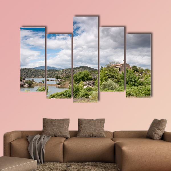 Small chapel next to reservoir in Valley Natural Park, Avila, Spain wall art