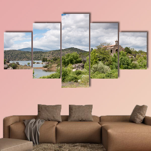 Small chapel next to reservoir in Valley Natural Park, Avila, Spain, Multi Panel Canvas Wall Art