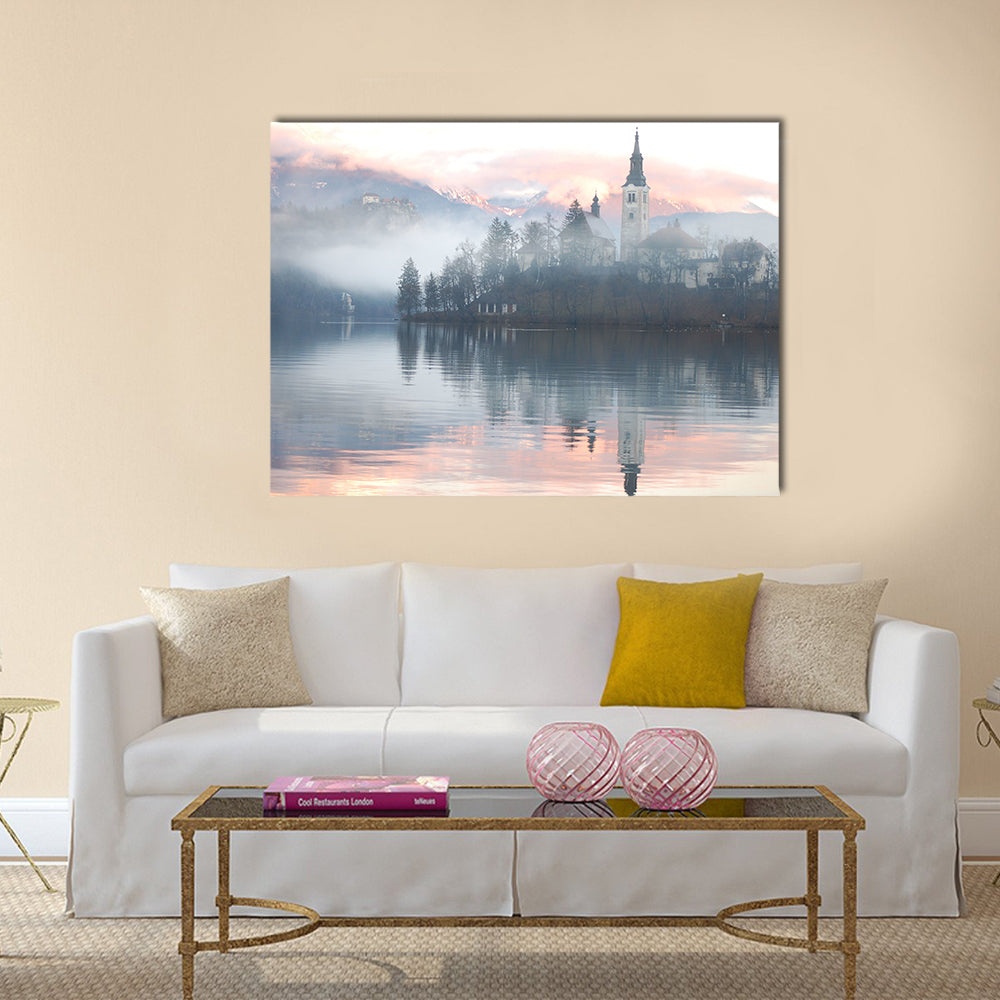 Misty evening at the Bled lake Multi Panel Canvas Wall Art