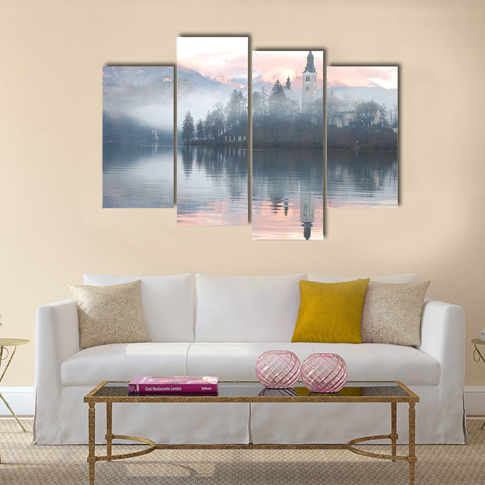 Misty evening at the Bled lake Multi Panel Canvas Wall Art