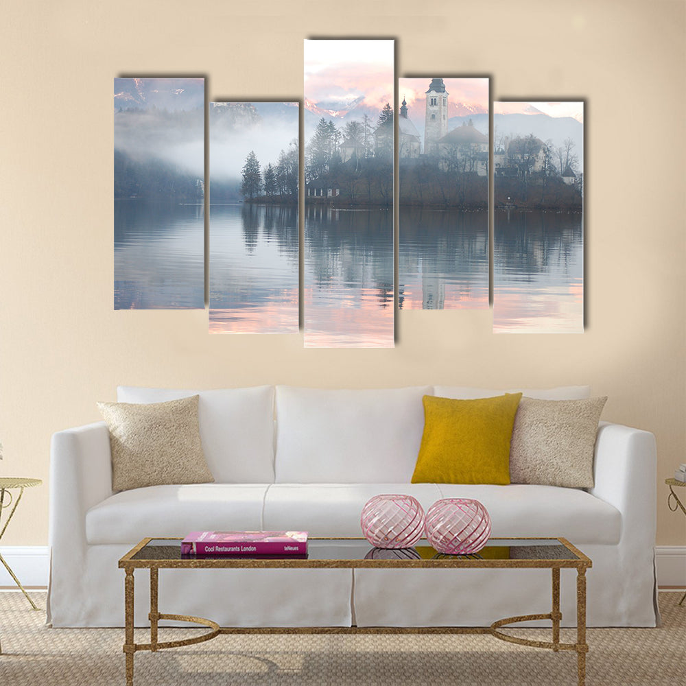 Misty evening at the Bled lake Multi Panel Canvas Wall Art
