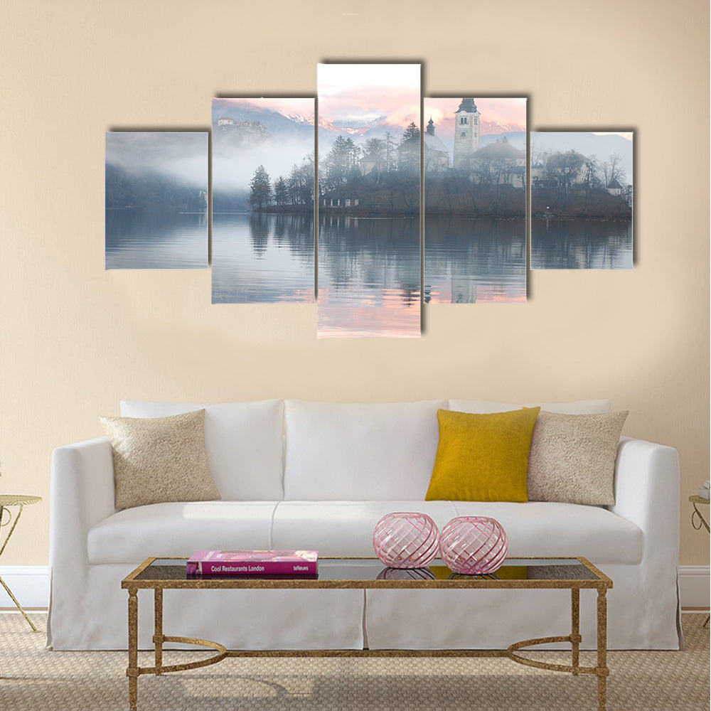 Misty evening at the Bled lake Multi Panel Canvas Wall Art