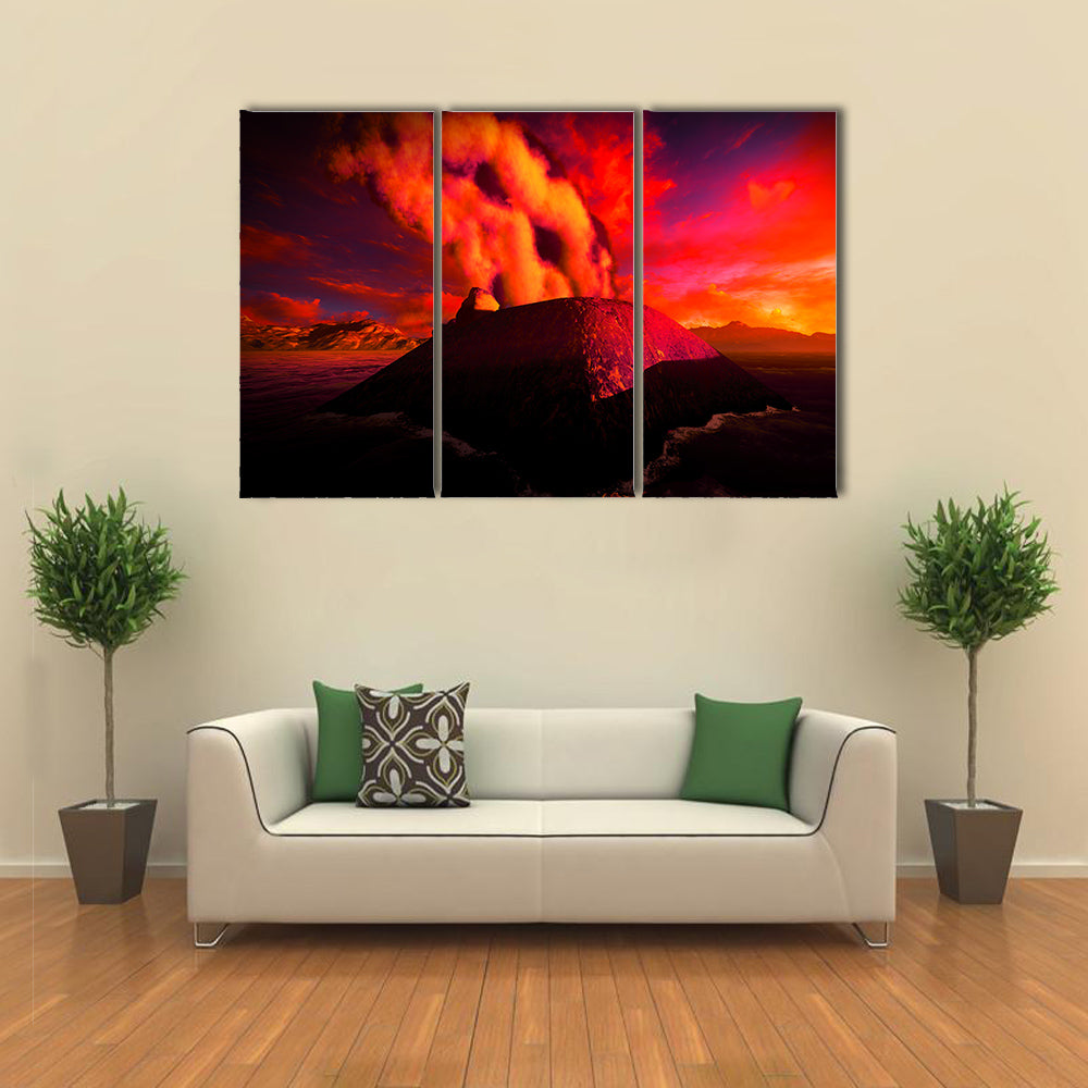 Anak Krakatau erupting - fantasy illustration multi panel canvas wall art