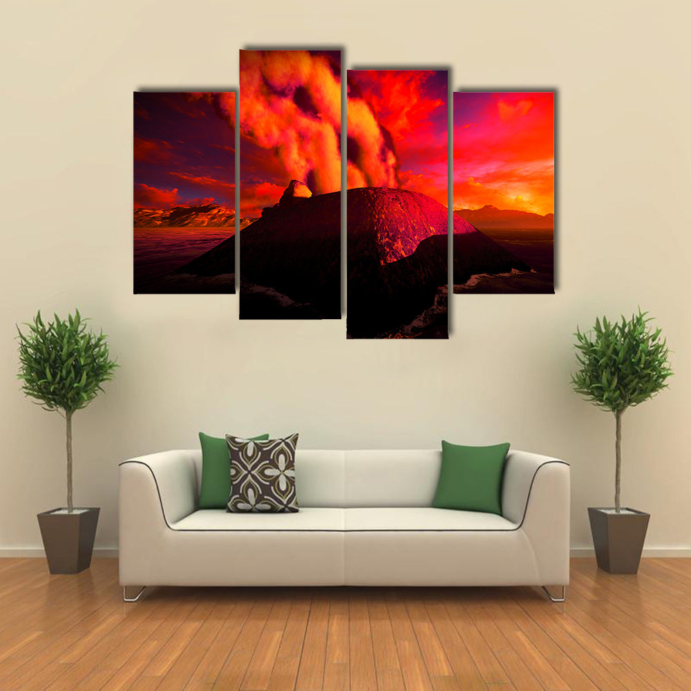 Anak Krakatau erupting - fantasy illustration multi panel canvas wall art