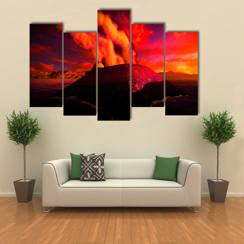 Anak Krakatau erupting - fantasy illustration multi panel canvas wall art