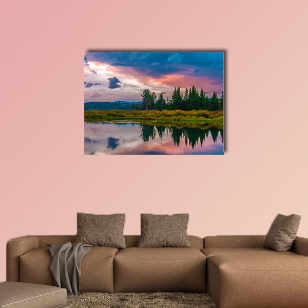 Gorgeous Sunrise, reflection in the water - Grand Tetons Oxbow Point Multi panel canvas wall art
