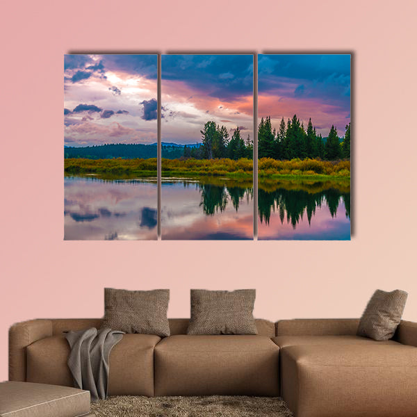 Gorgeous Sunrise, reflection in the water - Grand Tetons Oxbow Point Multi panel canvas wall art