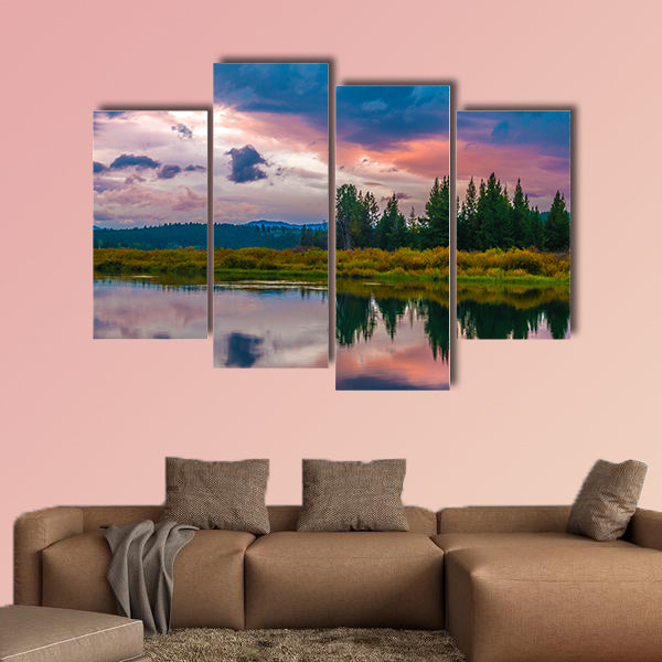 Gorgeous Sunrise, reflection in the water - Grand Tetons Oxbow Point Multi panel canvas wall art