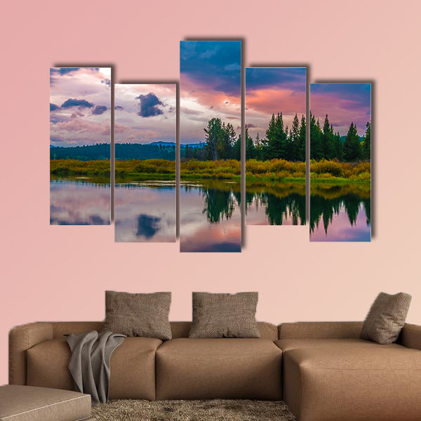 Gorgeous Sunrise, reflection in the water - Grand Tetons Oxbow Point Multi panel canvas wall art