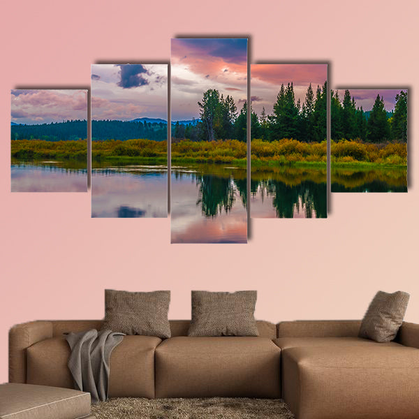 Gorgeous Sunrise, reflection in the water - Grand Tetons Oxbow Point Multi panel canvas wall art
