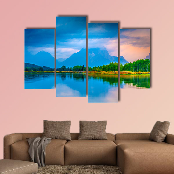 Gorgeous Sunrise, reflection in the water - Grand Tetons Oxbow Point Multi panel canvas wall art