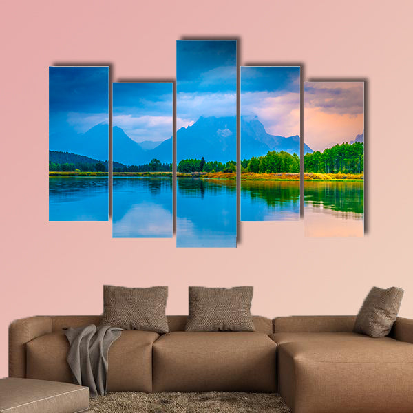Gorgeous Sunrise, reflection in the water - Grand Tetons Oxbow Point Multi panel canvas wall art
